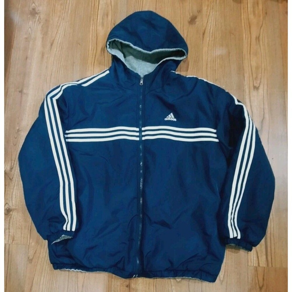 Vintage Adidas Reversible Jacket Big Logo Hooded Bomber Zip Up Blue Grey 90s - L
